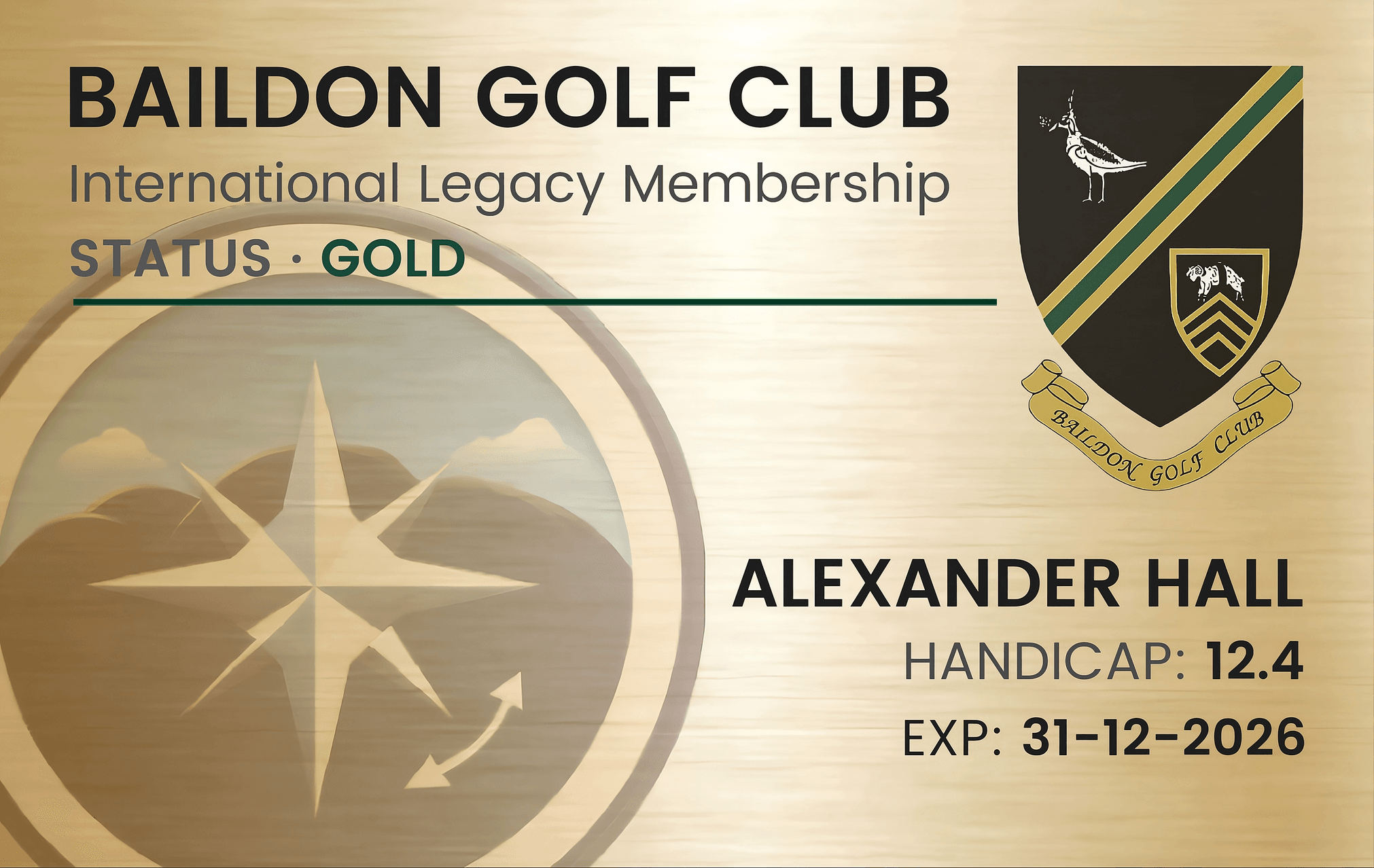 Legacy Gold international golf membership card for Baildon Golf Club with WHS handicap and member details