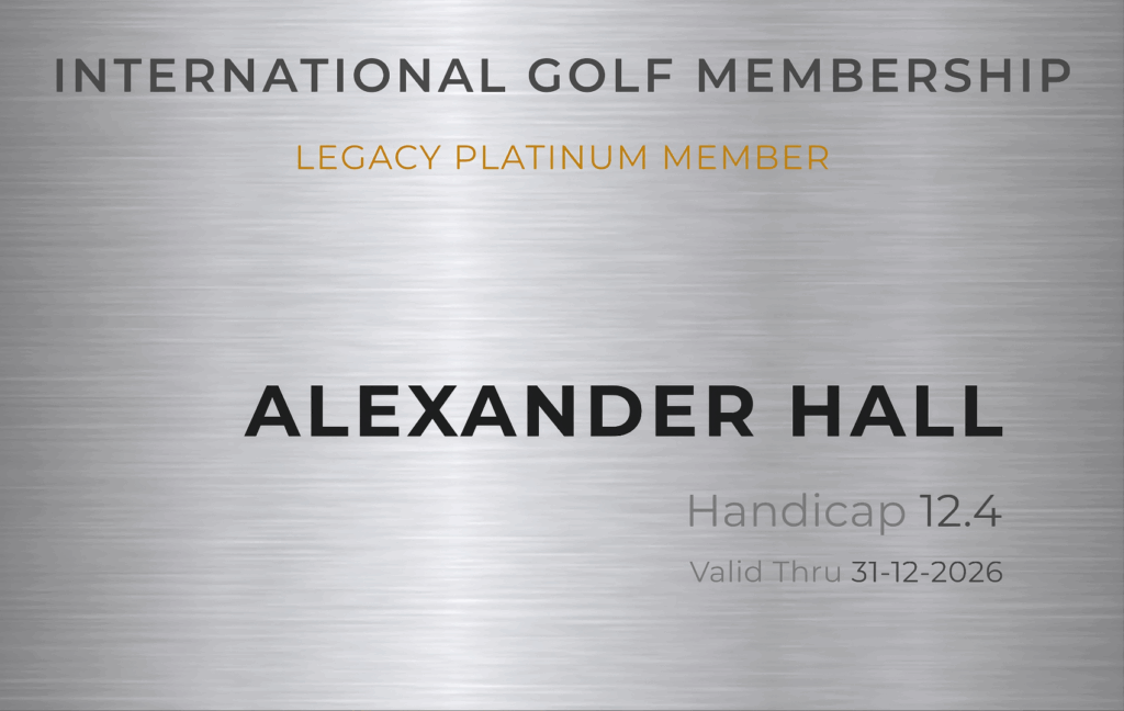 Legacy Platinum international golf membership card showing WHS handicap and premium member details