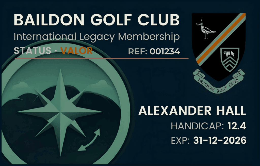 Legacy Valor golf membership card for service members showing WHS handicap and international membership status