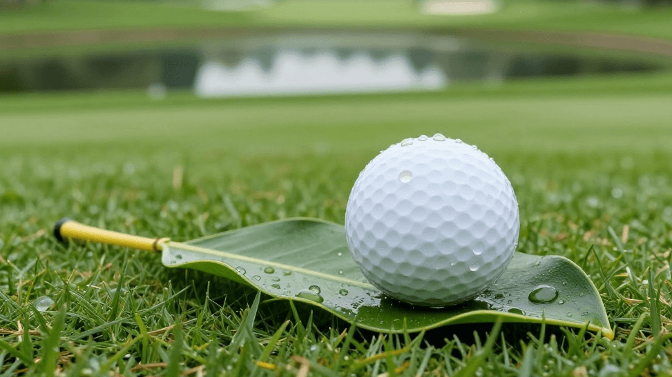 Nachhaltig Golfen – Ein weißer Golfball liegt auf einem grünen Blatt auf dem Fairway