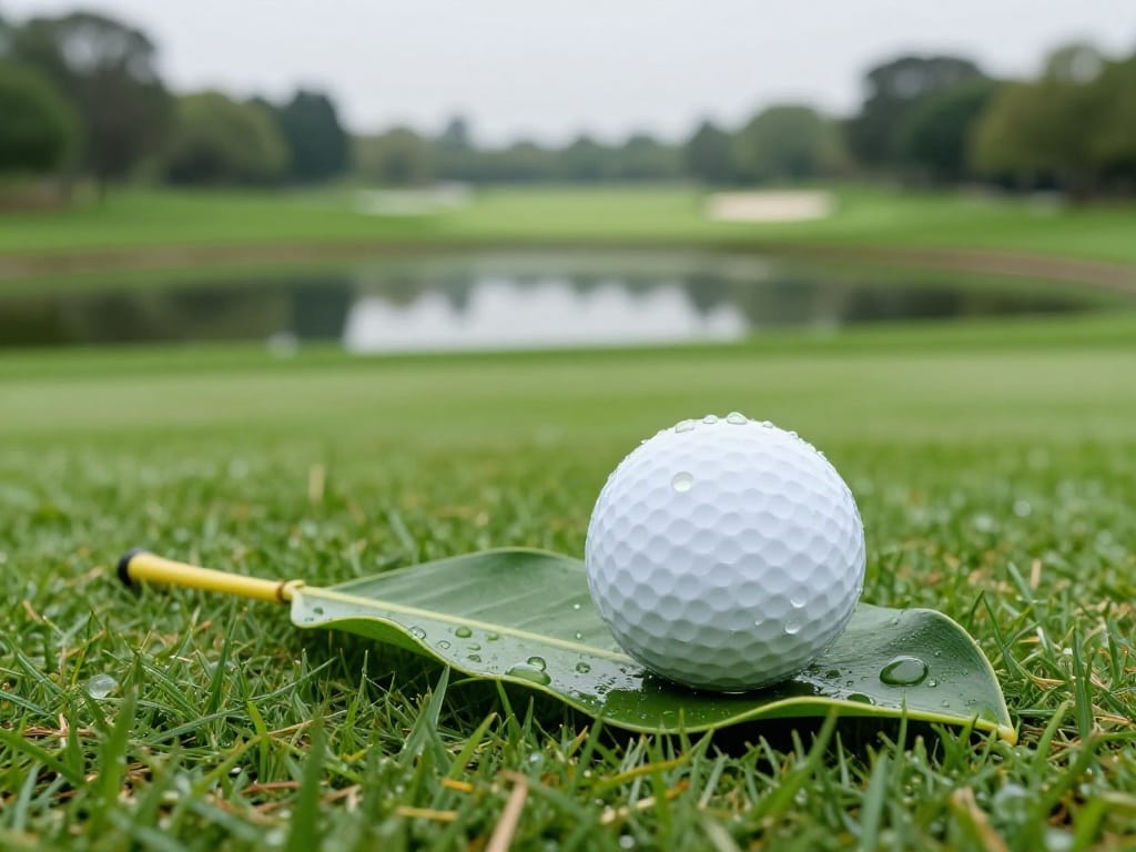 Nachhaltig Golfen – Ein weißer Golfball liegt auf einem grünen Blatt auf dem Fairway, im Hintergrund ein Wasserhindernis.