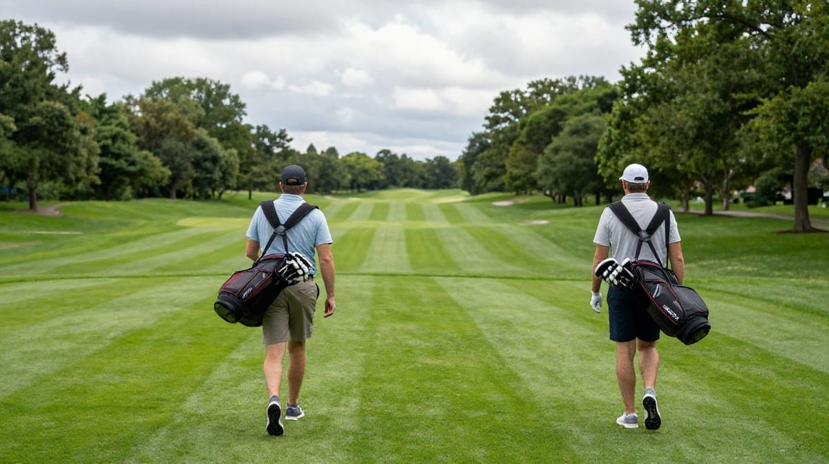 Golfer trägt Tasche auf dem Fairway