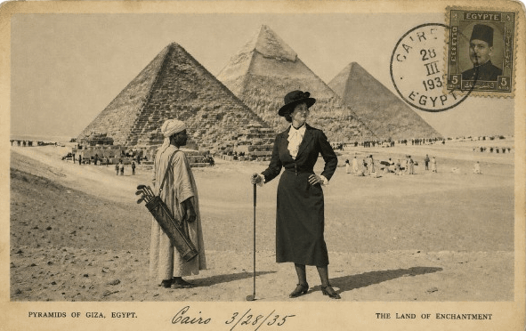 Vintage postcard style illustration of golf in Cairo with the Great Pyramids background.