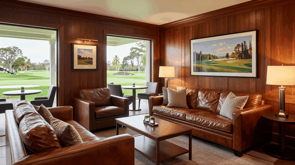 Elegante Clubhaus-Lounge mit holzgetäfelten Wänden, braunen Ledersofas und einem großen Golfplatz-Gemälde mit Blick auf das Grün.
